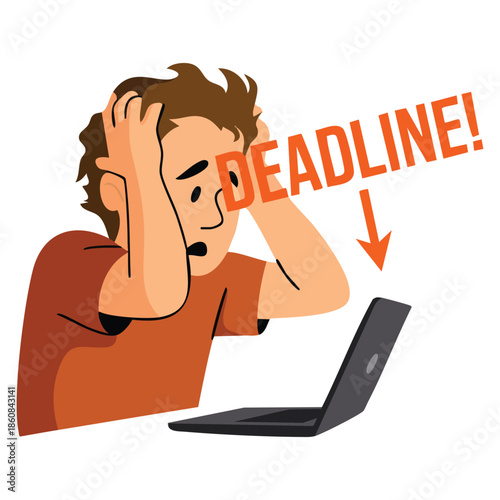 Tired office worker vector illustration working on laptop computer with deadline concept white background design perfect for stress work productivity visuals