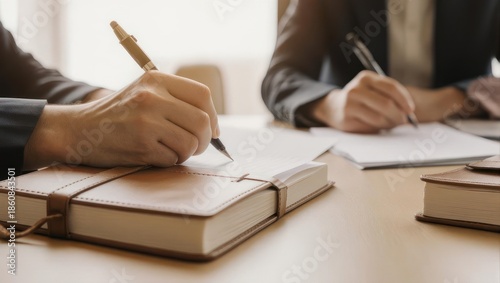 Two colleagues writing notes in leather bound journals during a business meeting.