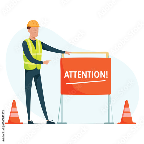Traffic police officer vector illustration in uniform high visibility vest pointing at attention sign perfect for public service law enforcement visuals