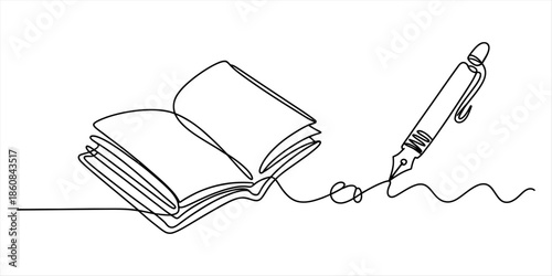 A continuous line drawing of an open book with a pen writing on it Vector, illustration
