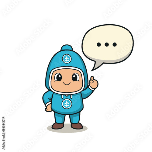 Cartoon Character in Blue Suit with Peace Symbol and Speech Bubble.