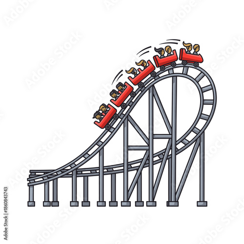 Cartoon Roller Coaster with Passengers Ascending a Steep Incline.