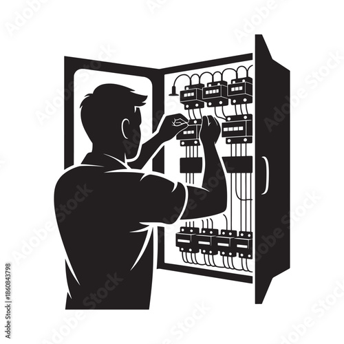 Electrician working on an open electrical panel with tools and wiring