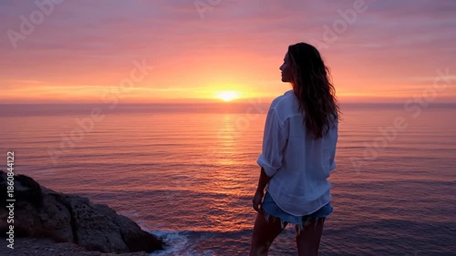 Woman enjoying breathtaking vibrant sunset over the ocean from a coastal cliff