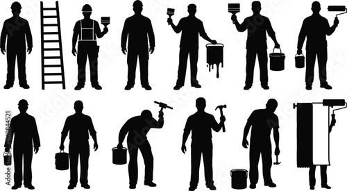 Professional painters and handymen silhouettes holding rollers, brushes, ladders, and paint buckets in various home renovation and construction work poses illustration