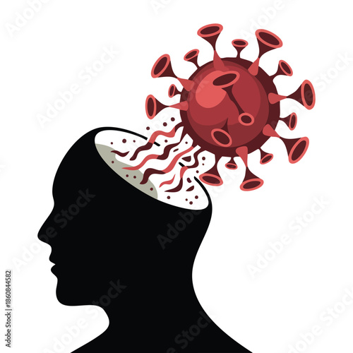 Vector banner with coronavirus virion instead of brain in human head surrounded by viral cells mental health and stop coronavirus poster global pandemic COVID19 theme