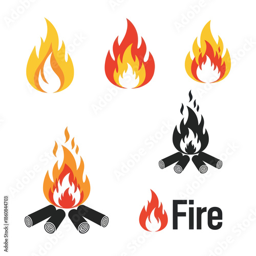 Collection of Fire Illustrations - Campfire, Flames, and Burning Embers.
