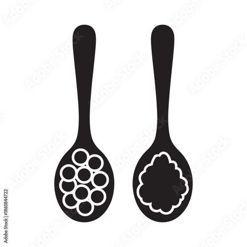 Two black spoons with white fill one with bubbles and one with floral design