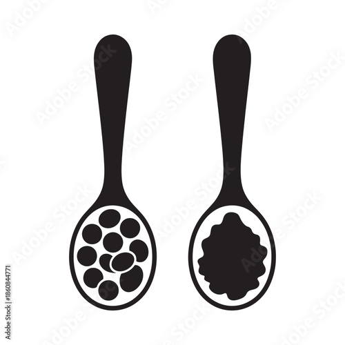 Two spoons filled with different substances one with bubbles and one with a dark mass