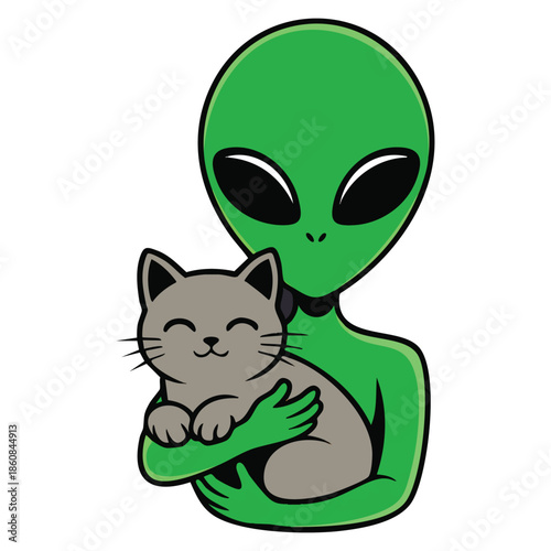 Vector flat alien humanoid green creature with inscriptions holding cat and showing peace sign perfect for open space themed artwork and sci fi illustration