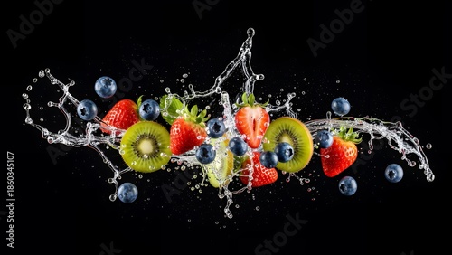 Fresh fruit splashing in water against a black background