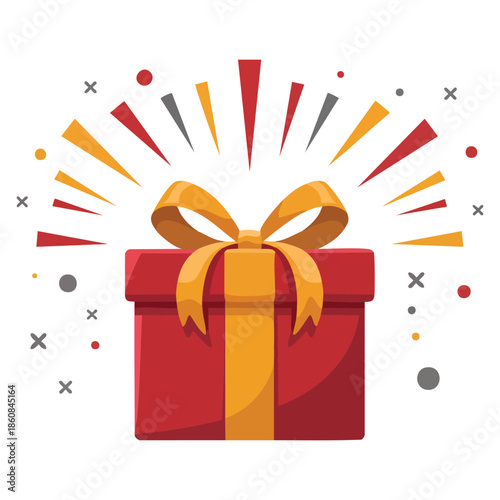 Vector icon of surprise red gift box birthday celebration special give away reward loyalty program package wonder gift with exclamation mark flat illustration decoration