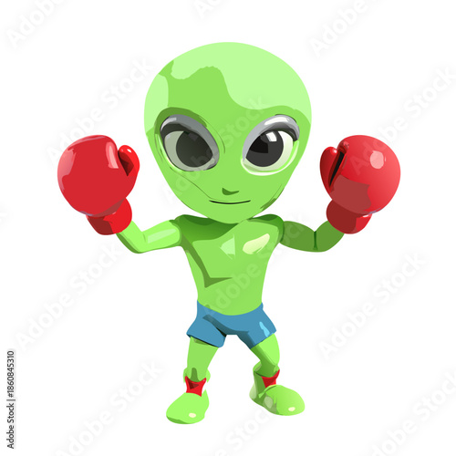Cute 3D render Little Alien character wearing boxing gloves and raising both hands in a guard stance, ready to fight, showing determination and confidence, isolated on white background. See Less