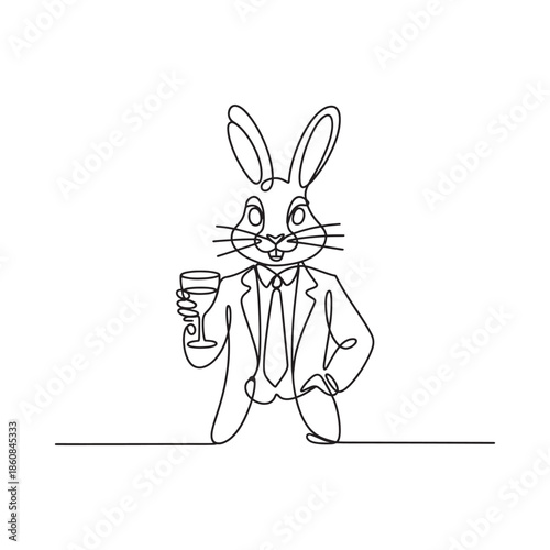 A refined rabbit in a suit holding a drinking glass drawn as a single line
