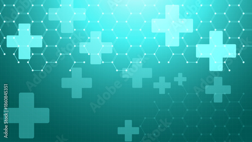 Abstract teal background with white medical crosses and connecting hexagonal grid lines