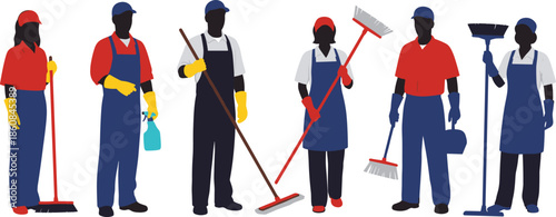 Professional janitor team illustration of cleaners with mops, brooms, and cleaning tools representing hygiene service and workplace maintenance concept