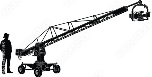 Professional Film Camera Crane Jib Vector Silhouette with Cameraman Isolated on White Background