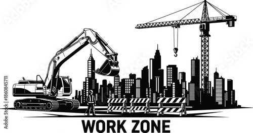 Construction work zone silhouette with heavy excavator crane and city skyline for building industry projects civil engineering and industrial development