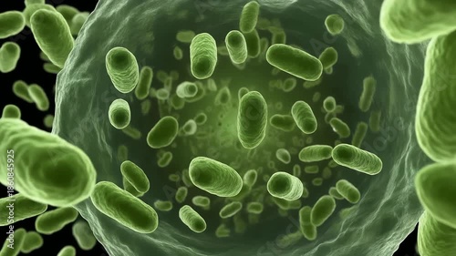 Green Bacteria Cells Multiplying Microscopic View of Rod Shaped Germs