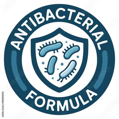 Vector illustration of antibacterial formula stamp shield with crossed bacteries perfect for antiseptic, cosmetic, medical, and pharmaceutical product themed artwork