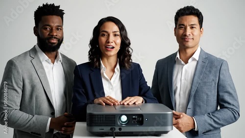 Three people in business attire pose behind a projector. All smile at camera on a white background