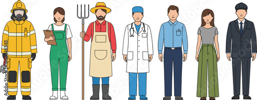 Profession-themed avatar set featuring diverse characters in occupational outfits for career icons, profile selection, and role representation.