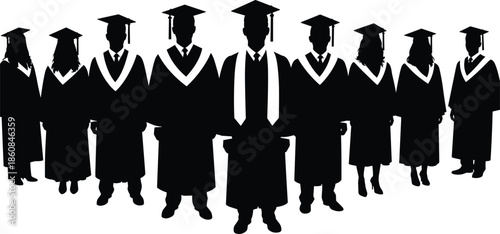  Graduation ceremony silhouettes of students in caps and gowns, academic education success vector illustration for school achievement, university celebration, commencement design