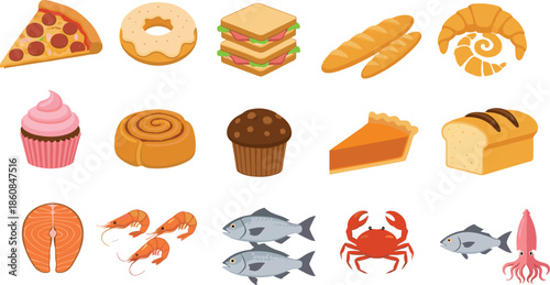 Bakery and seafood food illustration set with pizza donut sandwich bread pastries fish shrimp crab isolated flat vector