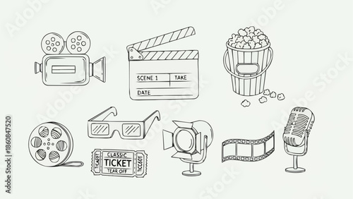 Collection of hand-drawn movie and cinema icons with a white background.