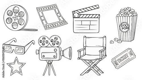Collection of hand-drawn movie and cinema icons.