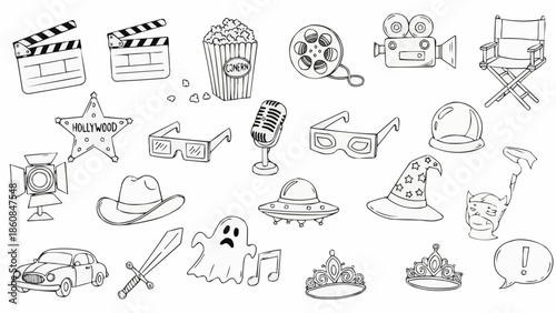 Collection of hand-drawn movie and entertainment icons.