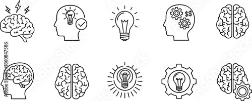 Brain and idea icon set, cognitive thinking symbols, problem-solving graphics, innovation concept illustrations, flat vector illustration
