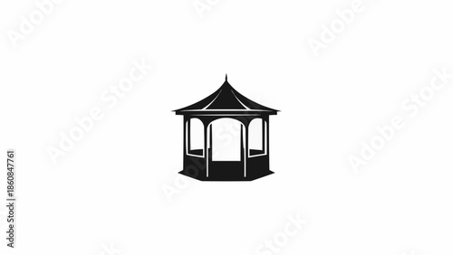 Black silhouette of a traditional garden gazebo on a white background.