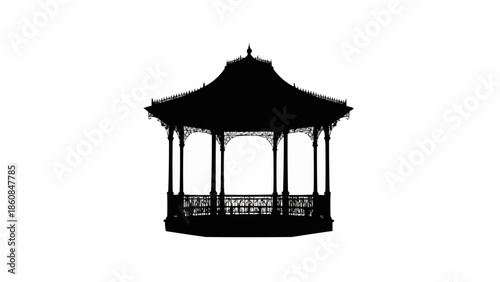 Black Silhouette of a Victorian Gazebo on White Background.