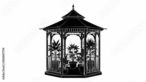 Black Silhouette of a Victorian Gazebo with Plants Inside.