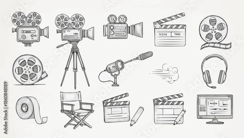 Collection of hand-drawn film and video production equipment icons.