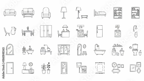 Collection of Hand-Drawn Furniture and Home Decor Icons.