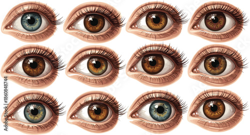 Realistic Human Eyes Vector Set Different Colors Including Brown Blue Hazel Green Realistic High Detail Iris Pupil Eyelash Skin Art Illustration.