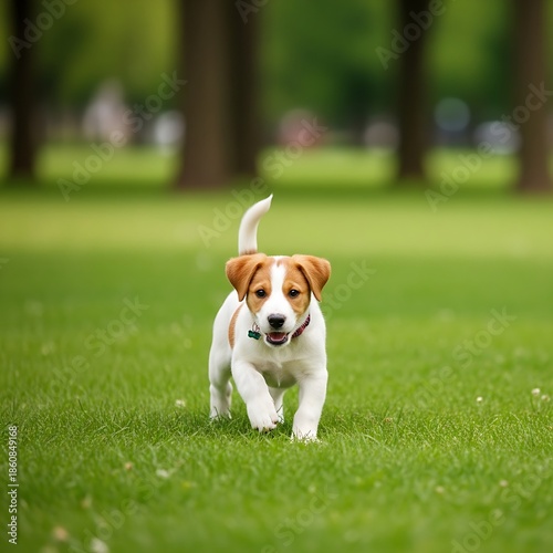 Adorable puppy running in green park with joyful expression