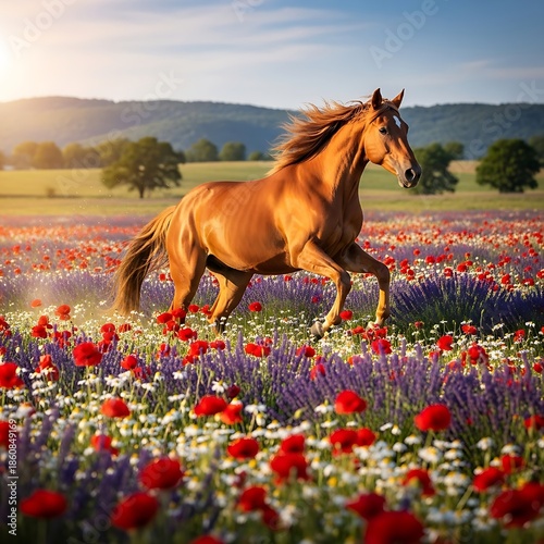 Majestic horse running freely in vibrant flower field at sunset