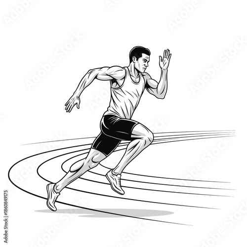Athlete sprinting on track with intense focus and determination.