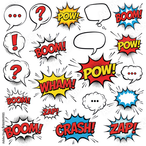 Dynamic Comic Book Speech Bubbles and Sound Effects Collection.