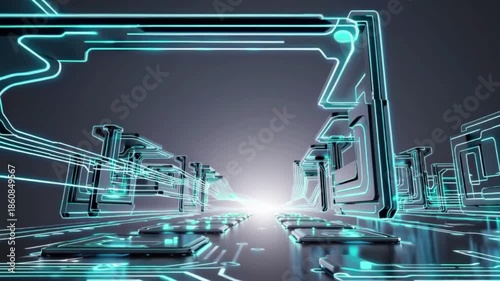 A futuristic cityscape with neon lights and wires