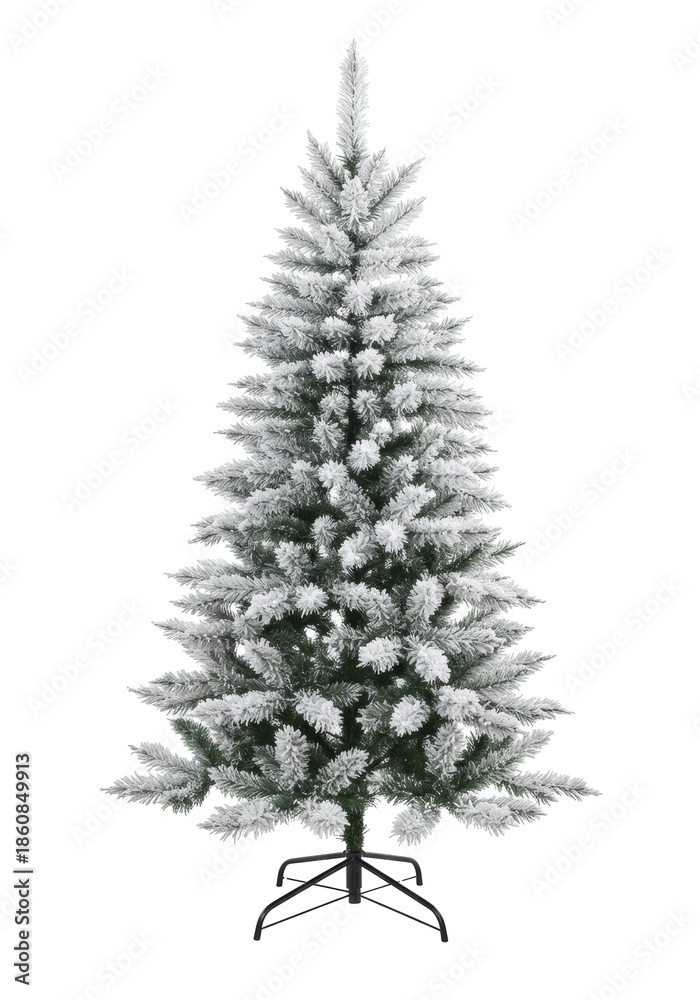 Fototapeta premium A pristine, snow-flocked white artificial Christmas tree with intricate synthetic needles, black metal stand, against a transparent studio background, modern holiday aesthetic.