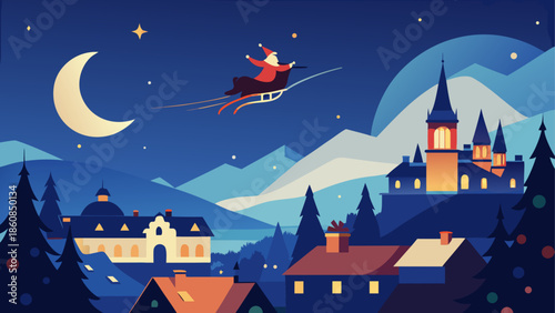 Santa claus flying over a snowy village