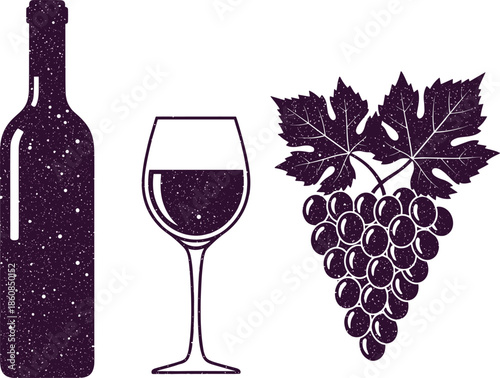 Red Wine Bottle Glass and Grapes Vector Illustration with Grunge Texture for Vineyard Logo or Menu Design