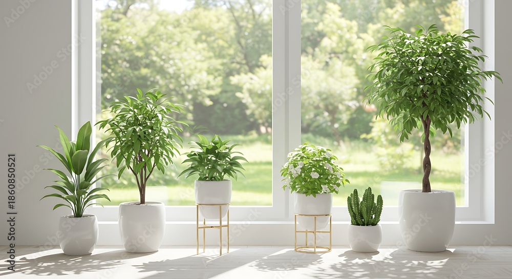 Fototapeta premium Indoor Garden Oasis: Sunlight & Potted Plants by Window