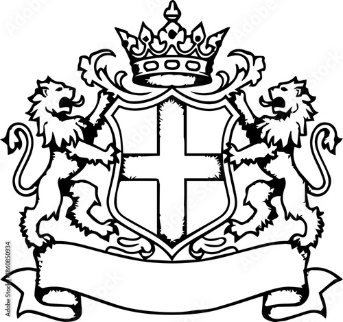 Stippled Heraldic Crest with Lion Supporters and Crown, Pointillism Style Coat of Arms with Cross Shield and Banner for Royal Branding