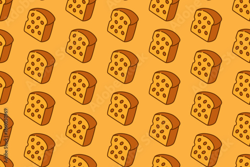 bread slice with almond colorful doodle seamless pattern on yellow background set for cafes. cheese bread loaf cartoon pattern background for bakery. toasted bread isolated vector motif for pastry