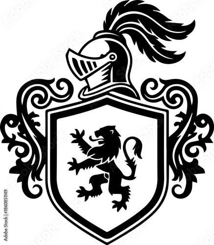 Heraldic Shield with Lion Rampant and Knight's Helmet, Vintage Medieval Crest Illustration